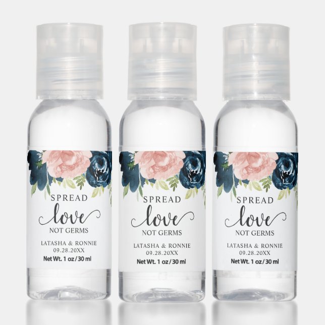 Elegant Blush Pink Navy Blue Floral Wedding Hand Sanitizer (Set)