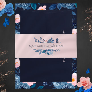 Elegant Blush Pink & Navy Blue Floral Wedding Invitation Belly Band