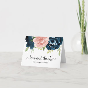 Elegant Blush Pink Navy Blue Floral Wedding Letterpress Thank You Card