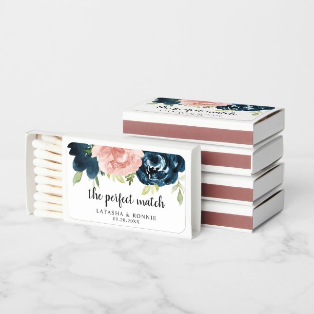 Elegant Blush Pink Navy Blue Floral Wedding Matchboxes (Stacked)