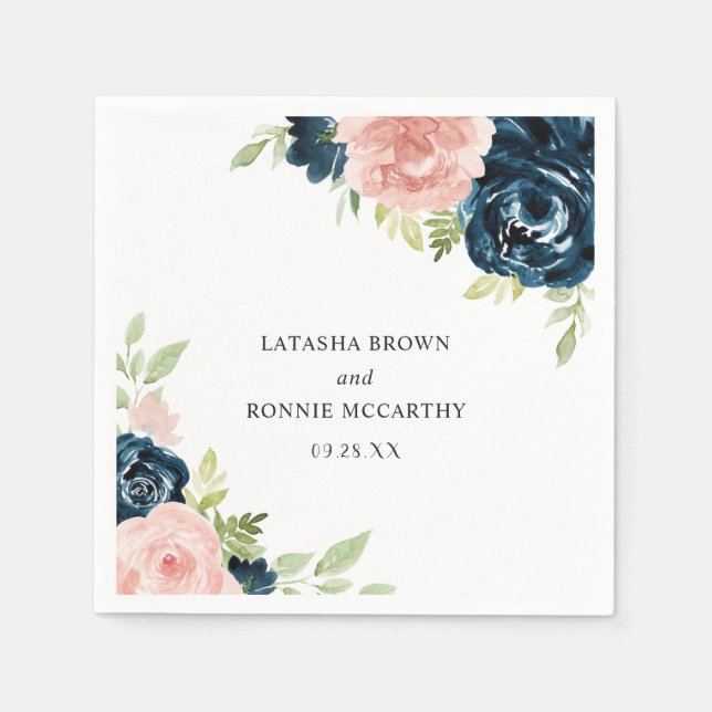 Elegant Blush Pink Navy Blue Floral Wedding Napkins (Front)