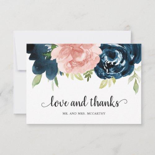 Elegant Blush Pink Navy Blue Floral Wedding Thank You Card