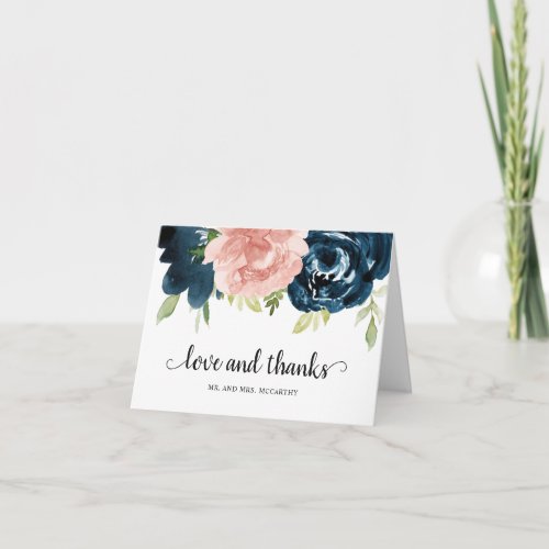 Elegant Blush Pink Navy Blue Floral Wedding Thank You Card