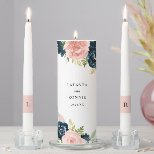 Elegant Blush Pink Navy Blue Floral Wedding Unity Candle Set