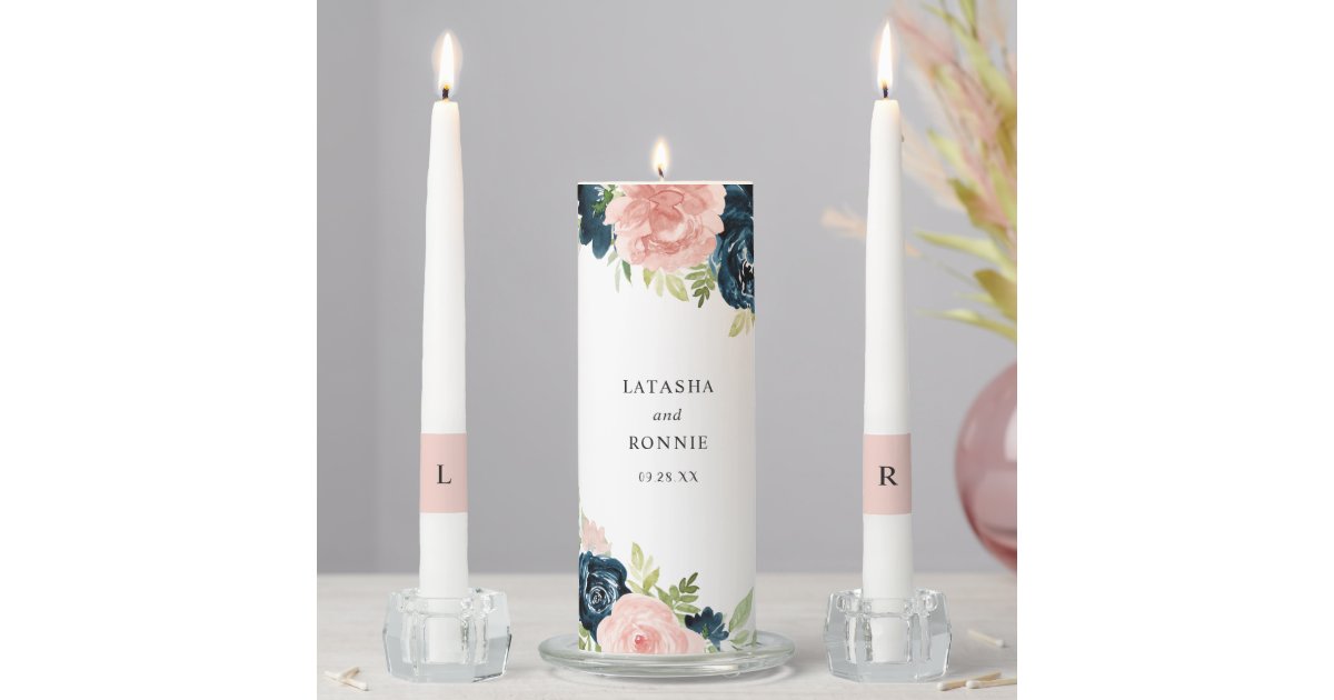 Elegant Blush Pink Navy Blue Floral Wedding Unity Candle Set | Zazzle
