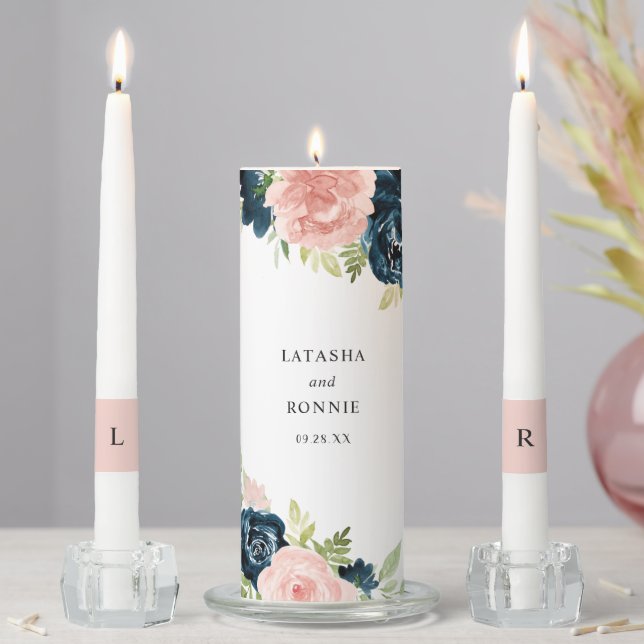 Elegant Blush Pink Navy Blue Floral Wedding Unity Candle Set (In Situ)