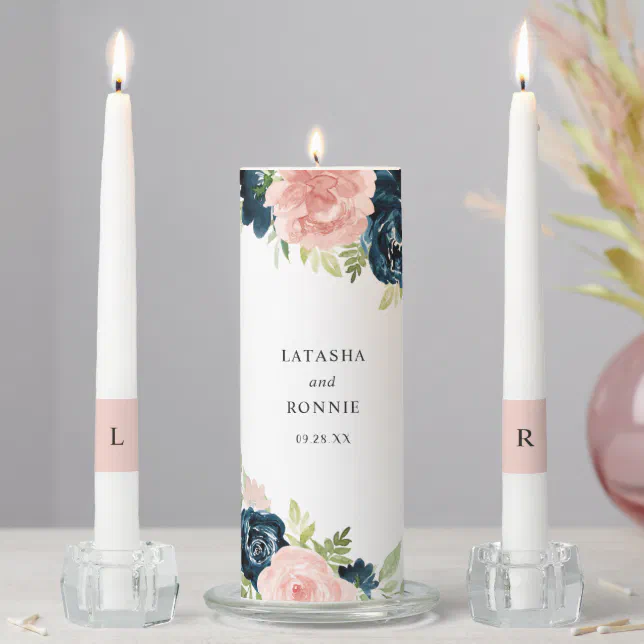 Elegant Blush Pink Navy Blue Floral Wedding Unity Candle Set | Zazzle