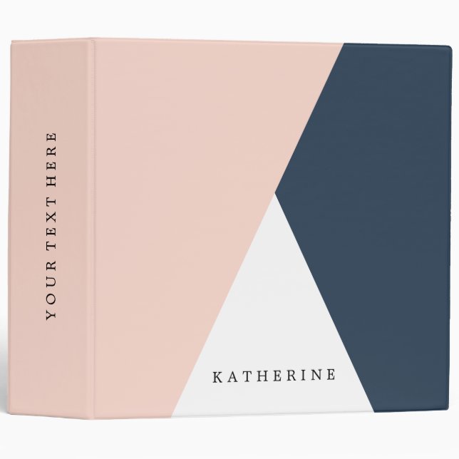 Elegant blush pink & navy blue geometric triangles 3 ring binder (Front/Spine)