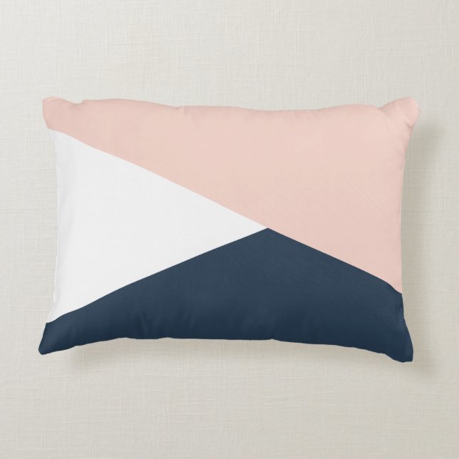 Elegant blush pink & navy blue geometric triangles accent pillow (Back)