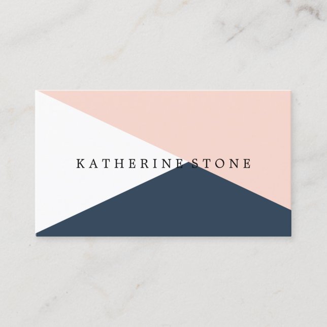 Elegant blush pink & navy blue geometric triangles business card (Front)