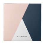 Elegant blush pink & navy blue geometric triangles ceramic tile<br><div class="desc">Minimalist and modern design representing blush pink,  white and navy blue color block.</div>