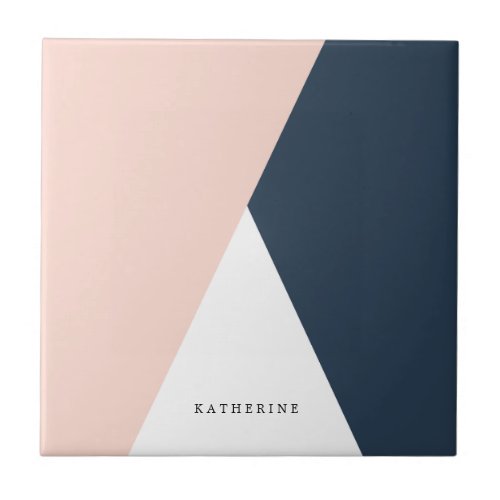 Elegant blush pink  navy blue geometric triangles ceramic tile