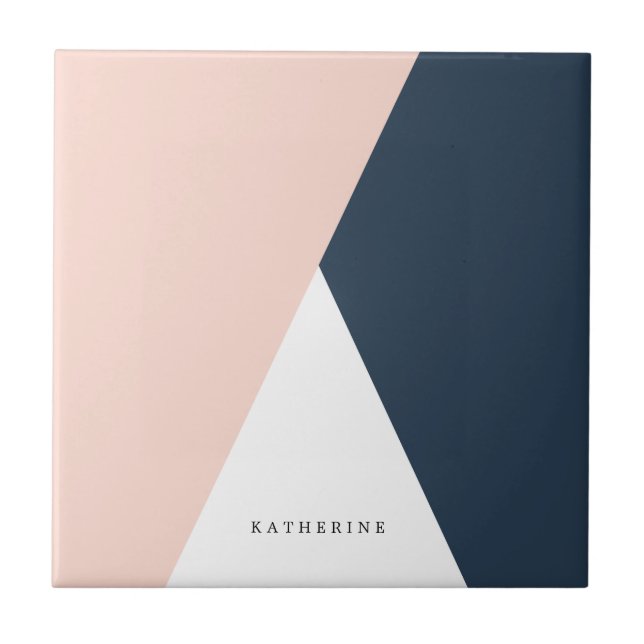 Elegant blush pink & navy blue geometric triangles ceramic tile (Front)