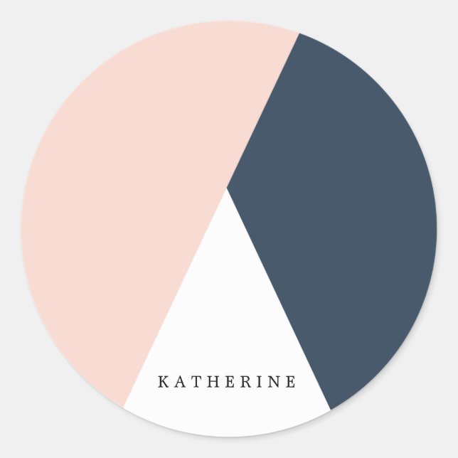 Elegant blush pink & navy blue geometric triangles classic round sticker (Front)