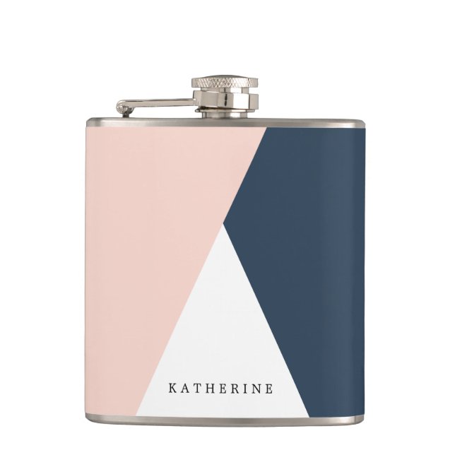Elegant blush pink & navy blue geometric triangles flask (Front)
