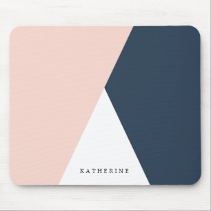 Elegant blush pink & navy blue geometric triangles mouse pad