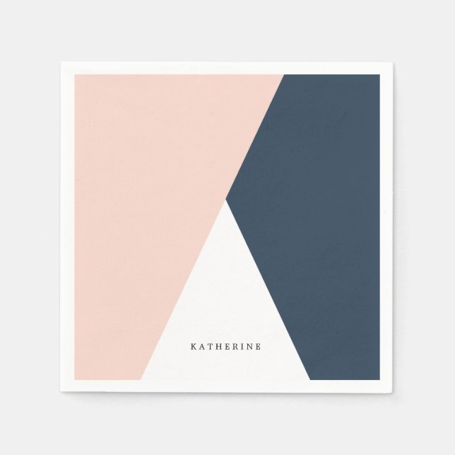 Elegant blush pink & navy blue geometric triangles napkins (Front)