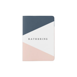 Elegant blush pink & navy blue geometric triangles passport holder