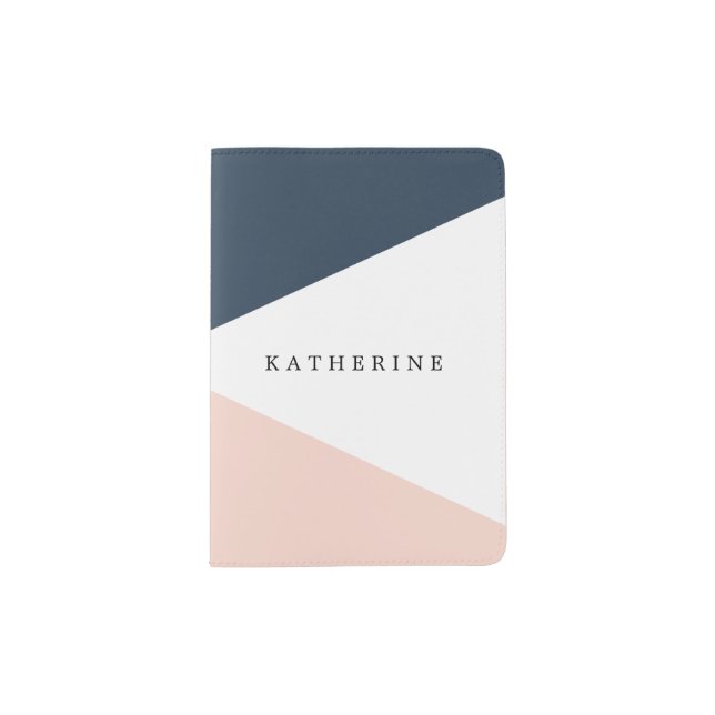 Elegant blush pink & navy blue geometric triangles passport holder (Front)