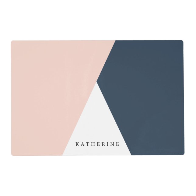 Elegant blush pink & navy blue geometric triangles placemat (Front)