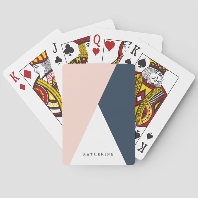 Elegant blush pink & navy blue geometric triangles poker cards (Back)