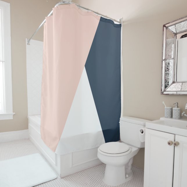 Elegant blush pink & navy blue geometric triangles shower curtain (In Situ)