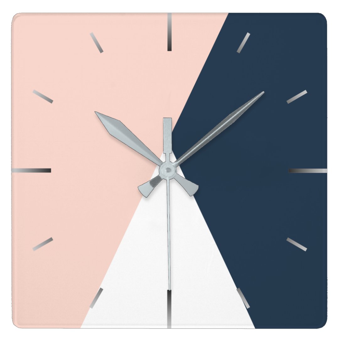 Elegant blush pink & navy blue geometric triangles square wall clock ...