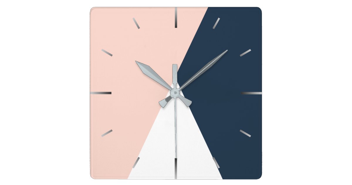 Elegant blush pink & navy blue geometric triangles square wall clock ...