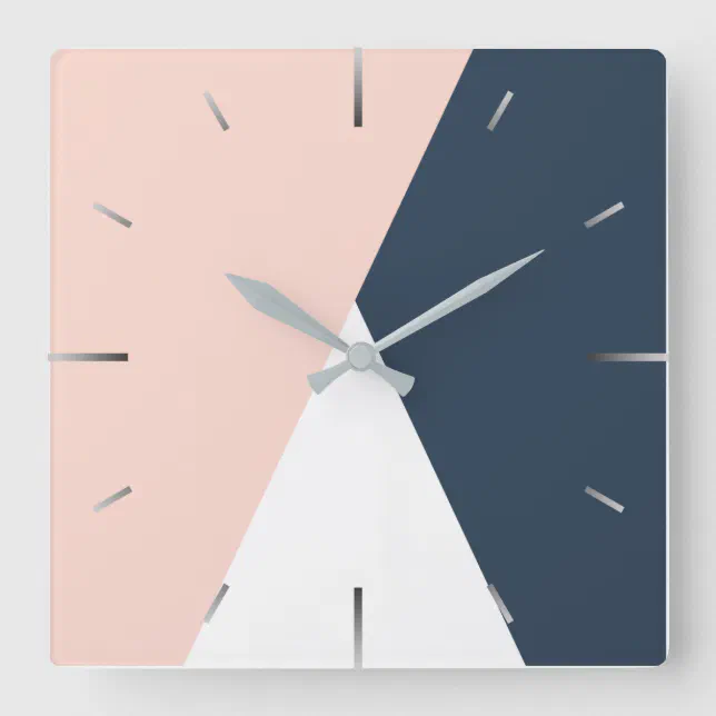 Elegant blush pink & navy blue geometric triangles square wall clock ...