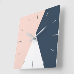 Elegant blush pink & navy blue geometric triangles square wall clock ...
