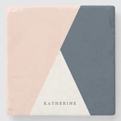 Elegant blush pink  navy blue geometric triangles stone coaster