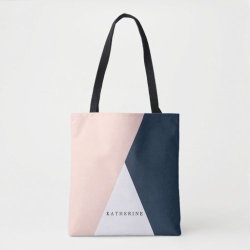 Elegant blush pink  navy blue geometric triangles tote bag
