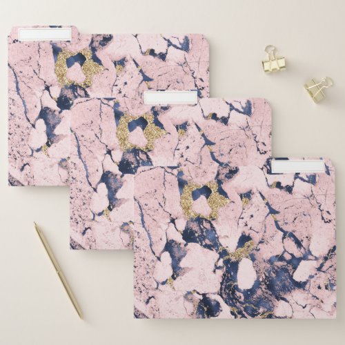 Elegant Blush Pink Navy Blue Gold Marble Pattern File Folder