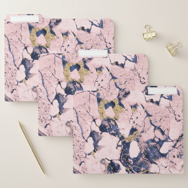 Elegant Blush Pink Navy Blue Gold Marble Pattern File Folder (Set)