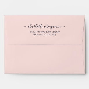 Elegant Blush Pink Navy Blue Script Return Address Envelope