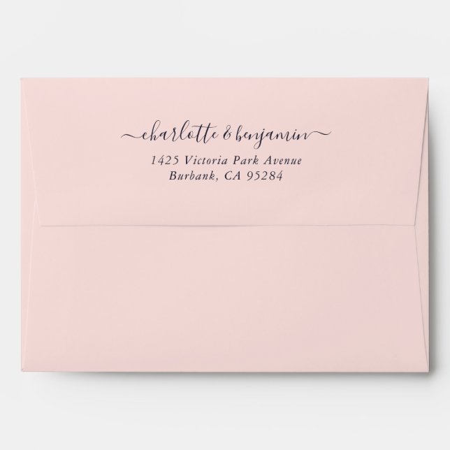 Elegant Blush Pink Navy Blue Script Return Address Envelope (Back (Top Flap))