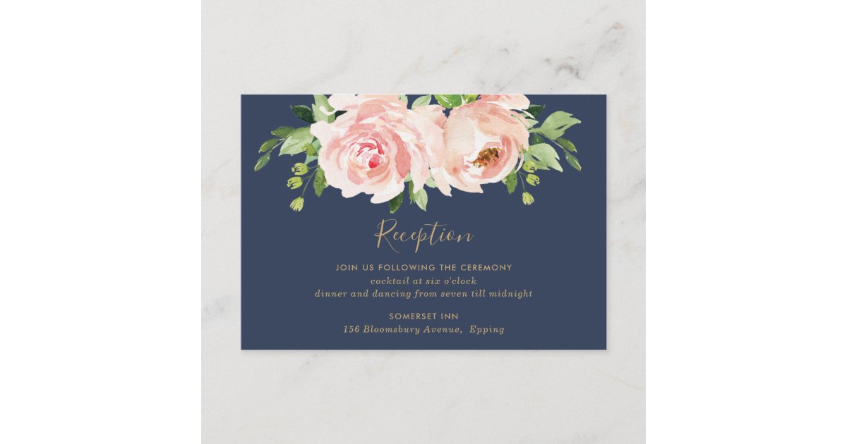 Elegant Blush Pink Navy Floral Wedding Reception Enclosure Card | Zazzle