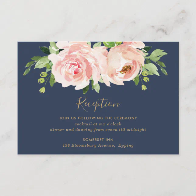 Elegant Blush Pink Navy Floral Wedding Reception Enclosure Card | Zazzle