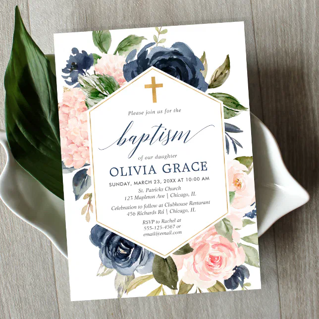 Elegant blush pink navy girl baptism floral invitation | Zazzle