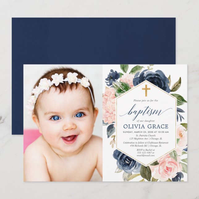 Elegant blush pink navy girl baptism floral photo invitation (Front/Back)