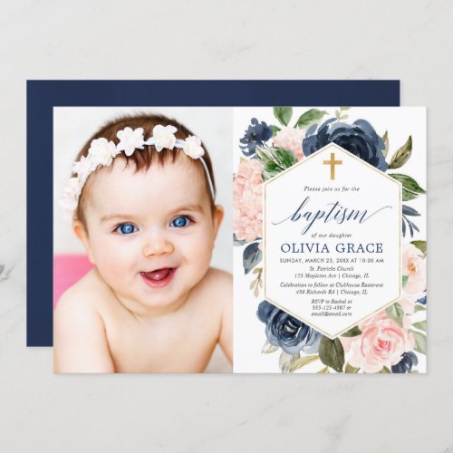 Elegant blush pink navy girl baptism floral photo invitation