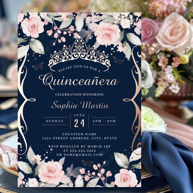 Elegant Blush Pink Navy Rose Gold Quinceanera  Foil Invitation (Creator Uploaded)