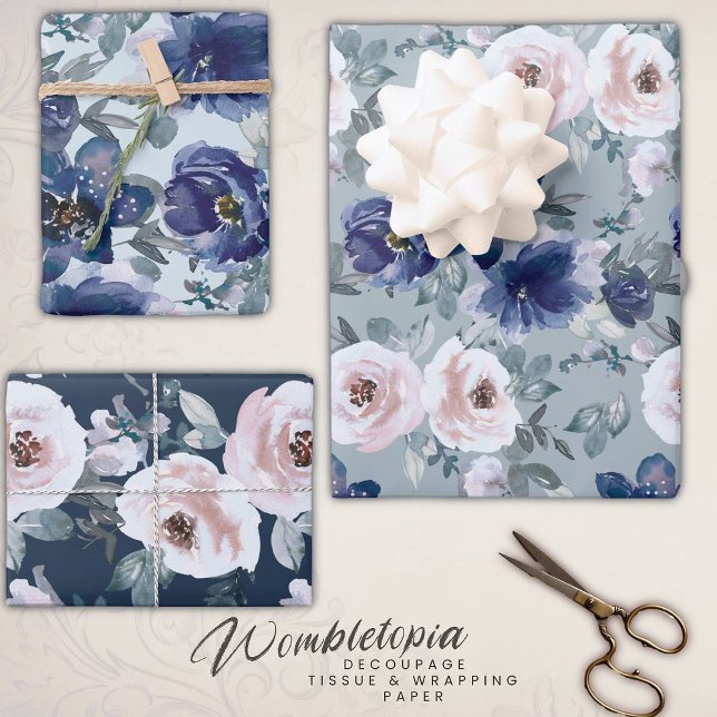 Elegant Blush Pink & Navy Watercolor Roses  Wrapping Paper Sheets (Creator Uploaded)
