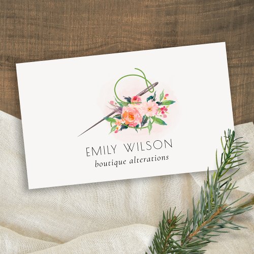 Elegant Blush Pink Needle Watercolor Floral Tailor Business Card