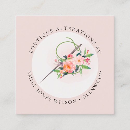 Elegant Blush Pink Needle Watercolor Floral Tailor Square Business Card