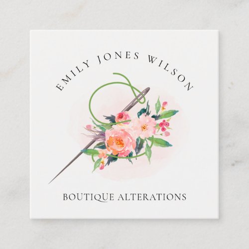 Elegant Blush Pink Needle Watercolor Floral Tailor Square Business Card