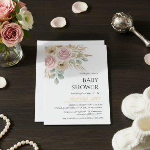 Elegant Blush Pink & Neutral Floral Baby Shower Invitation