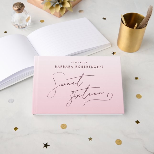 Elegant Blush Pink Ombre Script Sweet Sixteen Guest Book (Front Open)