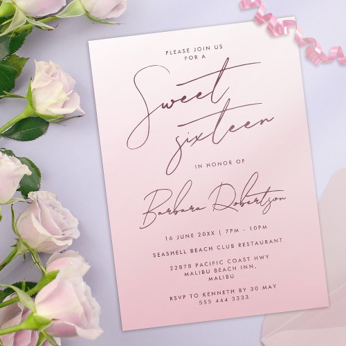 Elegant Blush Pink Ombre Script Sweet Sixteen Invitation