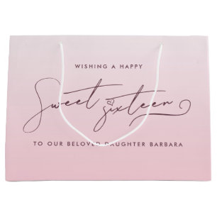 Elegant Blush Pink Ombre Script Sweet Sixteen Large Gift Bag